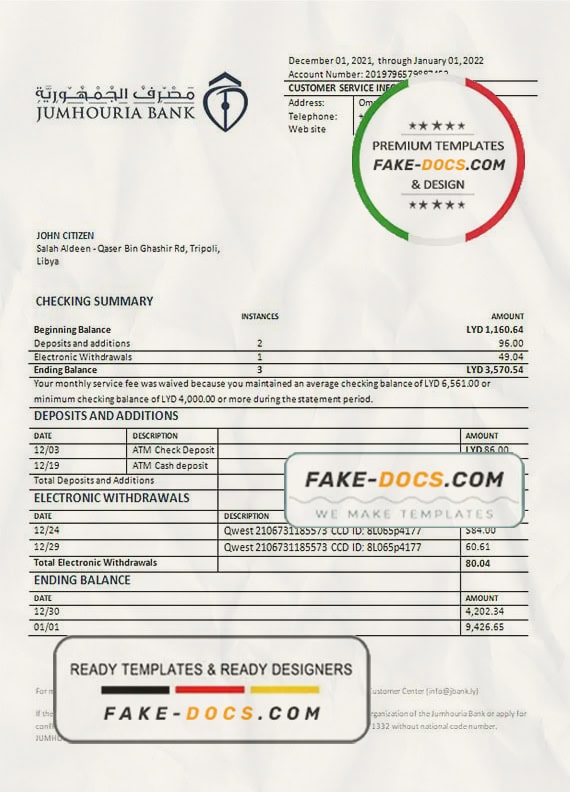 Libya Jumhouria Bank statement template in Word and PDF format Libya Jumhouria Bank statement template in Word and PDF format