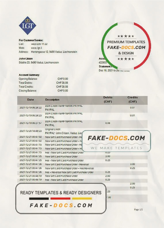 Liechtenstein LGT Bank statement template in Word and PDF format Liechtenstein LGT Bank statement template in Word and PDF format