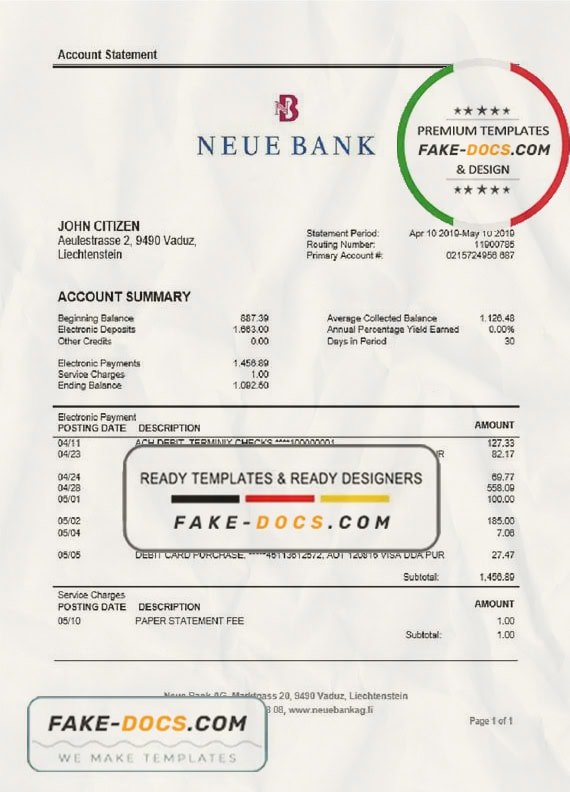 Liechtenstein Neue Bank AG proof of address statement template in Word and PDF format Liechtenstein Neue Bank AG proof of address statement template in Word and PDF format