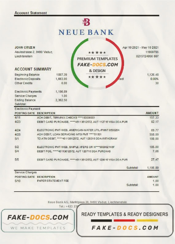 Liechtenstein Neue Bank AG bank statement easy to fill template in .xls and .pdf file format Liechtenstein Neue Bank AG bank statement easy to fill template in .xls and .pdf file format