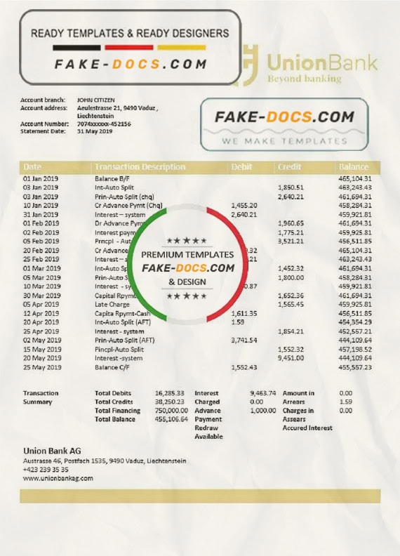 Liechtenstein Union Bank AG statement template in Word and PDF format Liechtenstein Union Bank AG statement template in Word and PDF format