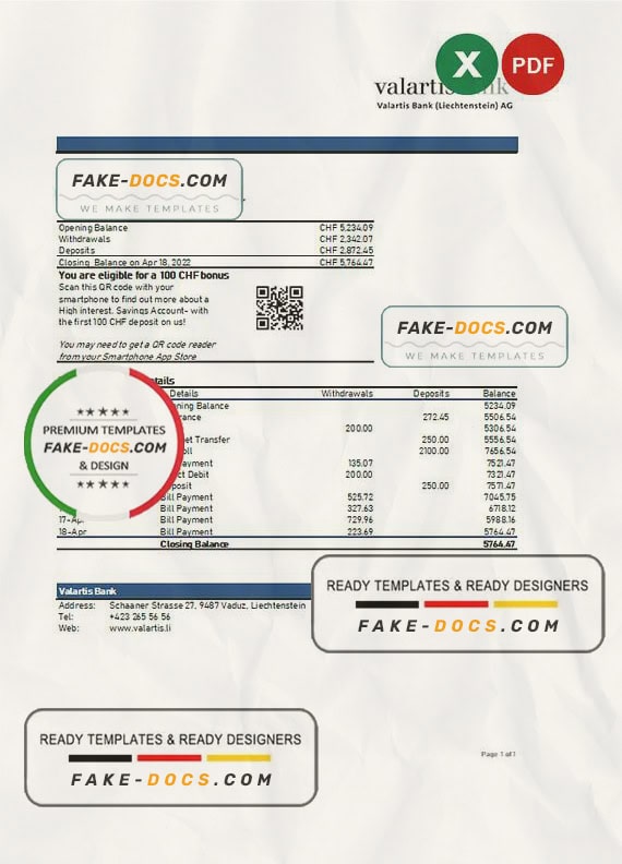 Liechtenstein Valartis bank statement Excel and PDF template Liechtenstein Valartis bank statement Excel and PDF template