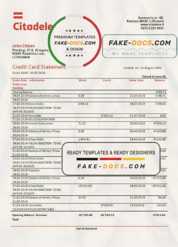 Lithuania (Litva) Citadele bank credit card statement template in Word and PDF format Lithuania (Litva) Citadele bank credit card statement template in Word and PDF format