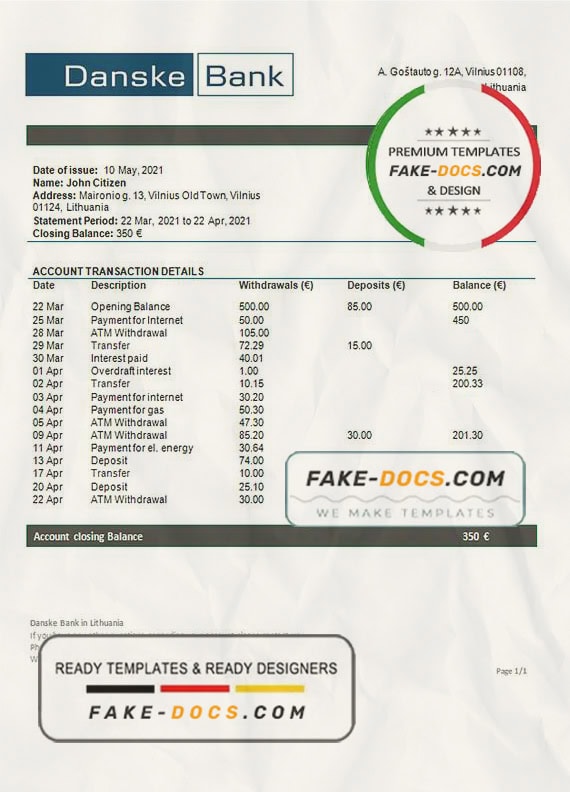 Lithuania (Litva) Danske bank statement template in Word and PDF format Lithuania (Litva) Danske bank statement template in Word and PDF format