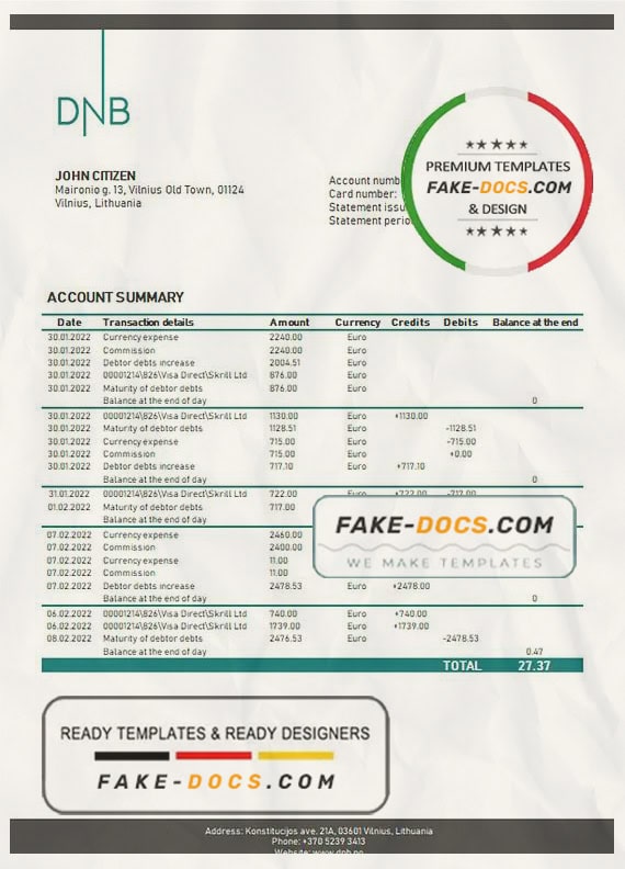 Lithuania (Litva) DNB bank statement template in Word and PDF format Lithuania (Litva) DNB bank statement template in Word and PDF format