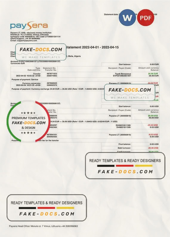 Lithuania Paysera account statement, Word and PDF template Lithuania Paysera account statement, Word and PDF template