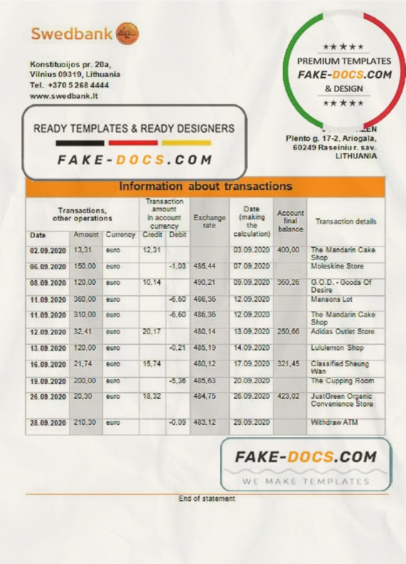 Lithuania Swedbank bank statement template in Word and PDF format Lithuania Swedbank bank statement template in Word and PDF format