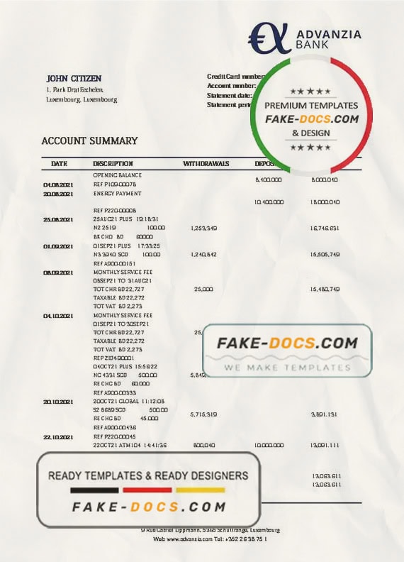 Luxembourg Advanzia bank proof of address statement template in Word and PDF format, .doc and .pdf format Luxembourg Advanzia bank proof of address statement template in Word and PDF format, .doc and .pdf format