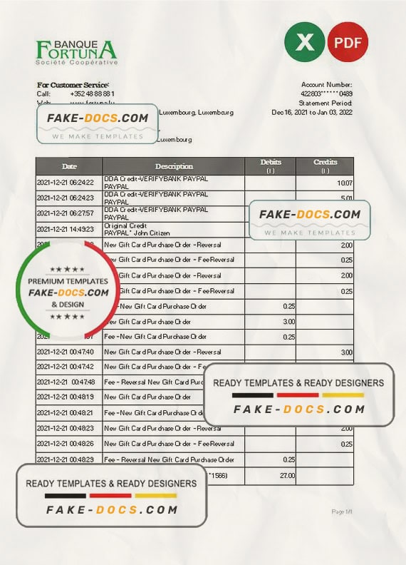 Luxembourg Fortuna Banque bank statement Excel and PDF template Luxembourg Fortuna Banque bank statement Excel and PDF template