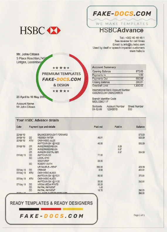 Luxembourg HSBC bank proof of address statement template in Word and PDF format, .doc and .pdf format Luxembourg HSBC bank proof of address statement template in Word and PDF format, .doc and .pdf format