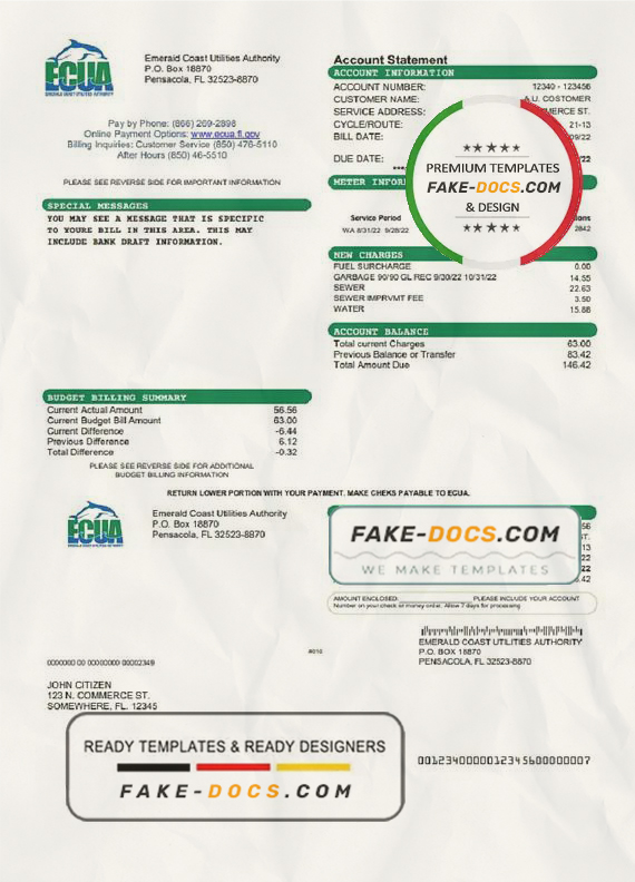 USA ECUA utility bill template in Word and PDF format scan
