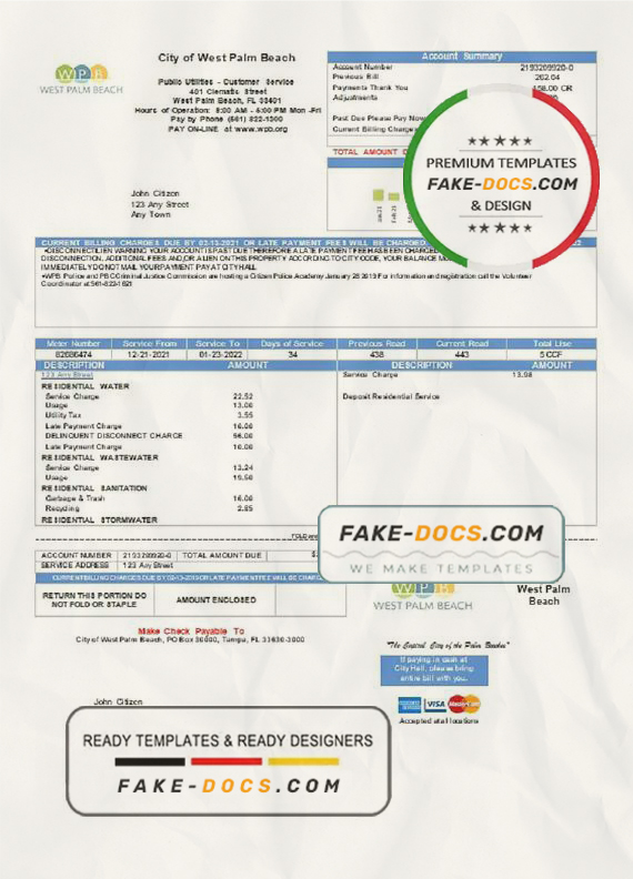 USA Florida City of West Palm Beach utility bill template in Word and PDF format scan