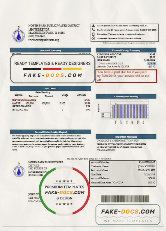 USA Illinois North Park Public Water District IL utility bill template in Word and PDF format scan
