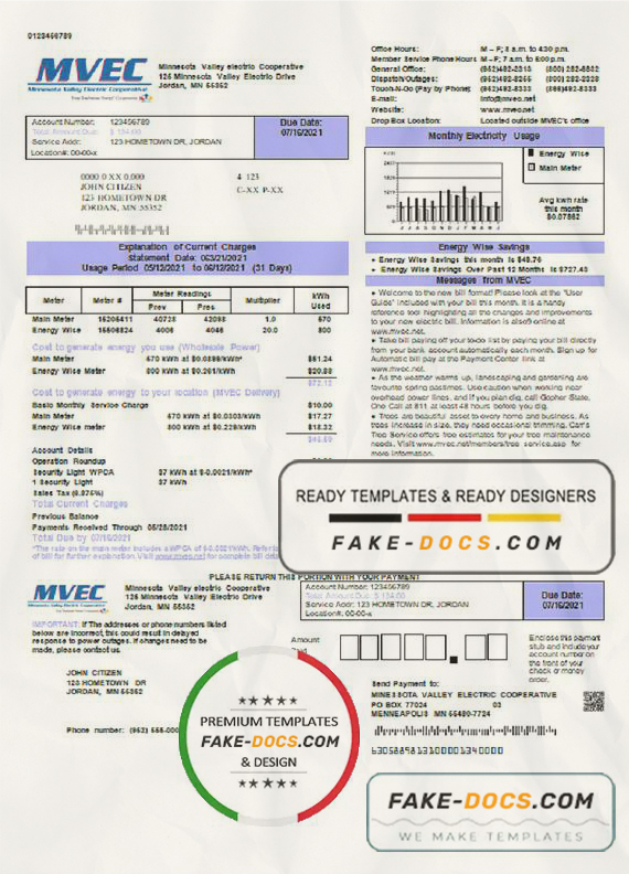 USA Minnesota Valley Electric Cooperative (MVEC) utility bill template in Word and PDF format scan