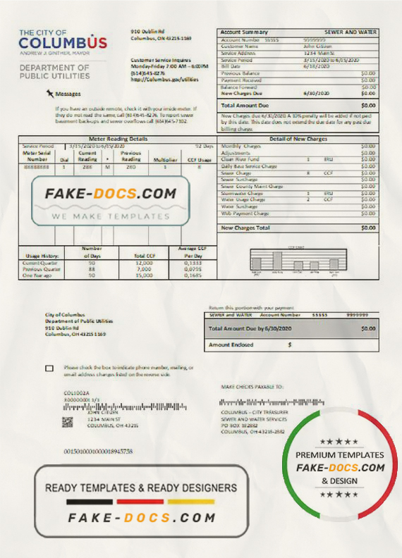 USA Ohio City of Columbus utility bill template in Word and PDF format scan