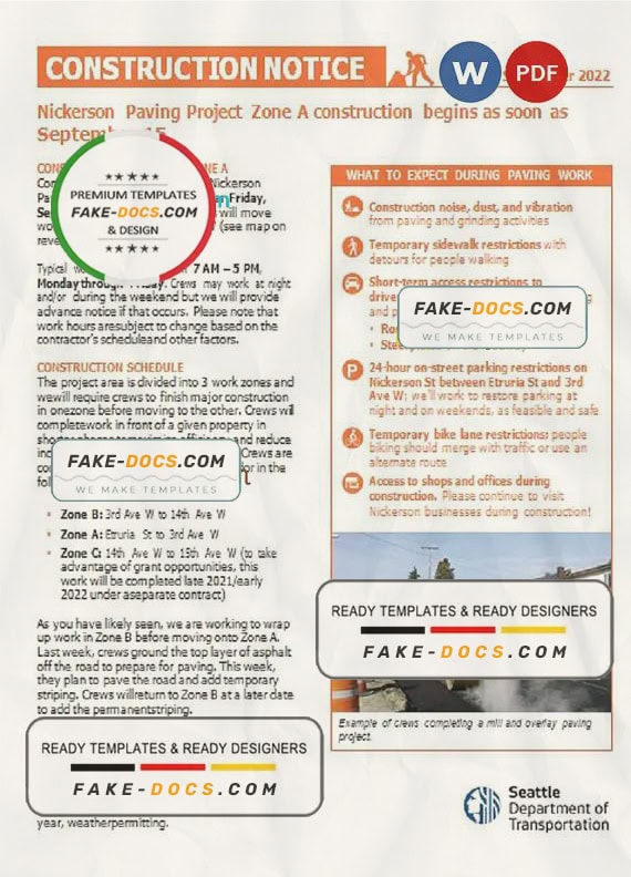 USA Washington Seattle Construction Notice, Word and PDF template, 2 pages USA Washington Seattle Construction Notice, Word and PDF template, 2 pages