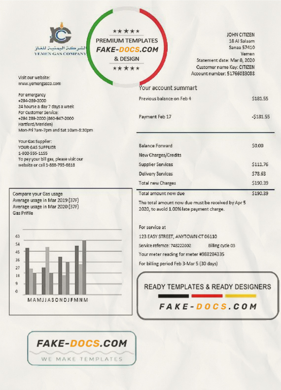 Yemen Gas Company utility bill template in Word and PDF format Fake Docs