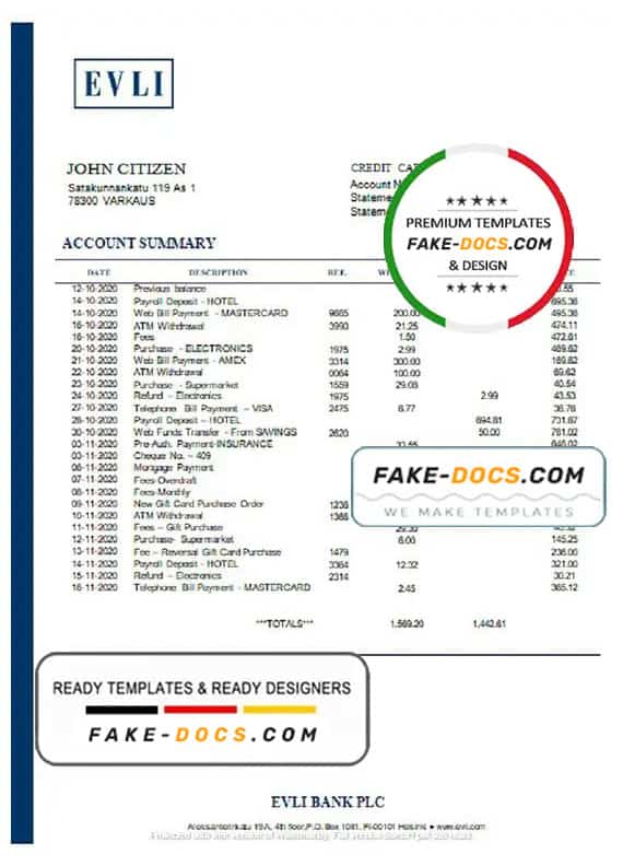 Finland Evli Bank PLC Bank statement template in Word and PDF format Finland Evli Bank PLC Bank statement template in Word and PDF format