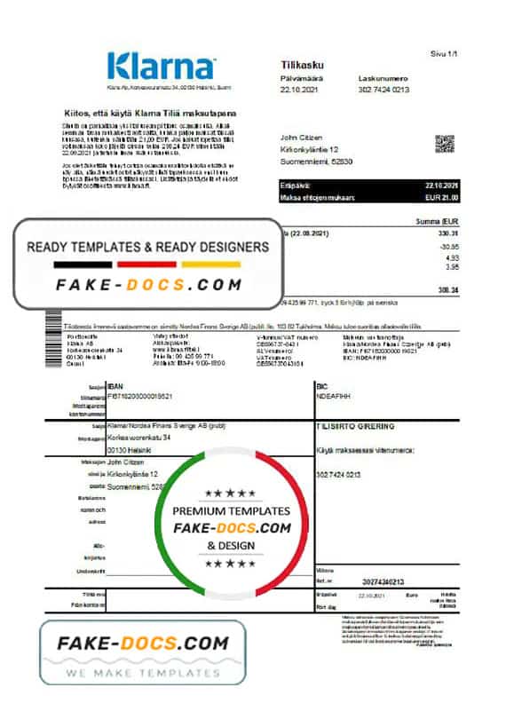 Finland Klarna Bank statement template in Excel and PDF format, in Finnish language Finland Klarna Bank statement template in Excel and PDF format, in Finnish language