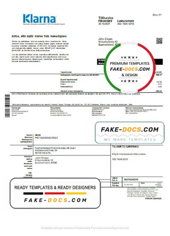 Finland Klarna Bank statement template in Word and PDF format, in Finnish language Finland Klarna Bank statement template in Word and PDF format, in Finnish language
