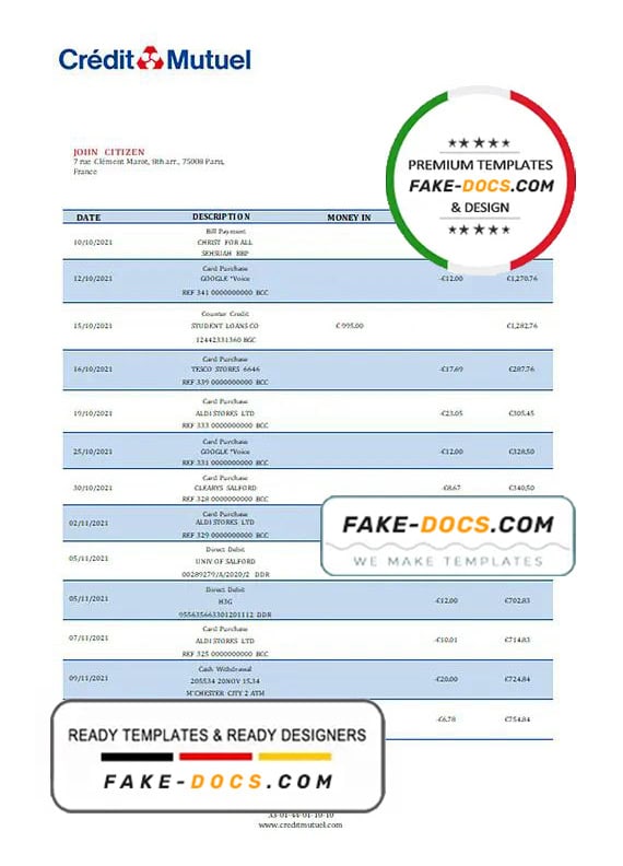 France Credit Mutuel bank statement template in Word and PDF (.doc and .pdf) format France Credit Mutuel bank statement template in Word and PDF (.doc and .pdf) format