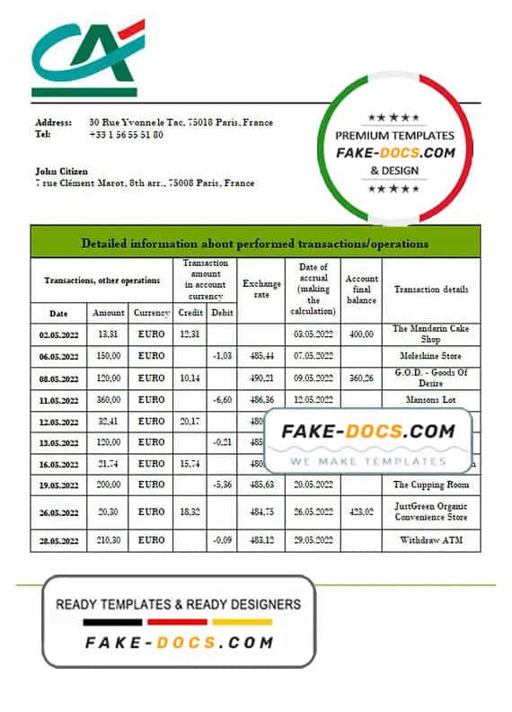 France Credite Agricole bank statement template in Word and PDF (.doc and .pdf) format France Credite Agricole bank statement template in Word and PDF (.doc and .pdf) format