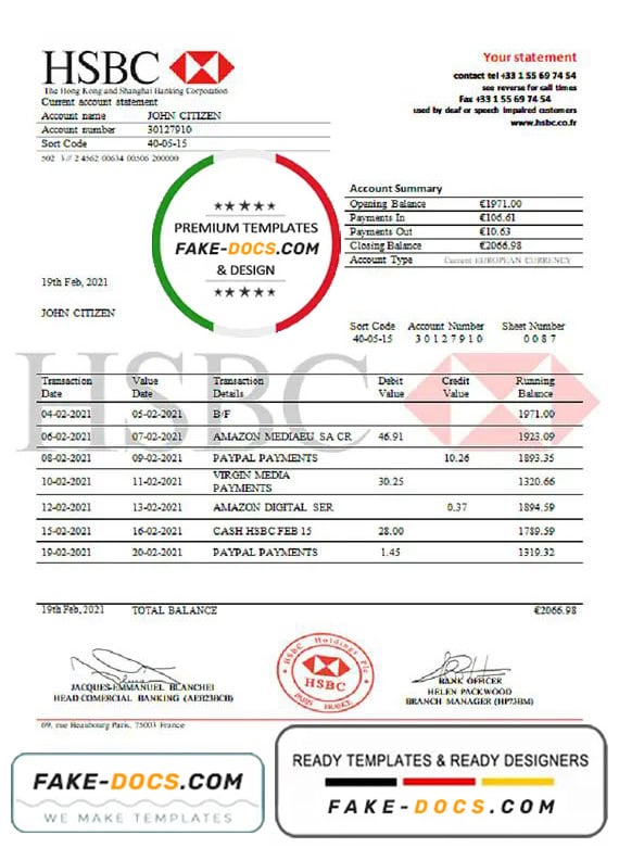 France HSBC bank statement template in .doc and .pdf format France HSBC bank statement template in .doc and .pdf format