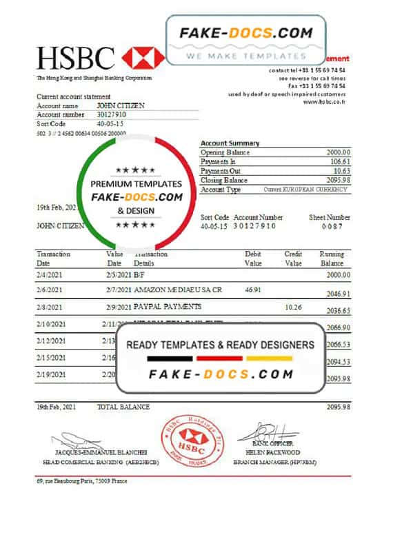 France HSBC bank statement template in .xls and .pdf file format France HSBC bank statement template in .xls and .pdf file format