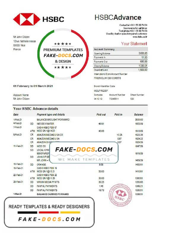 France HSBC bank statement template in Excel and PDF format France HSBC bank statement template in Excel and PDF format