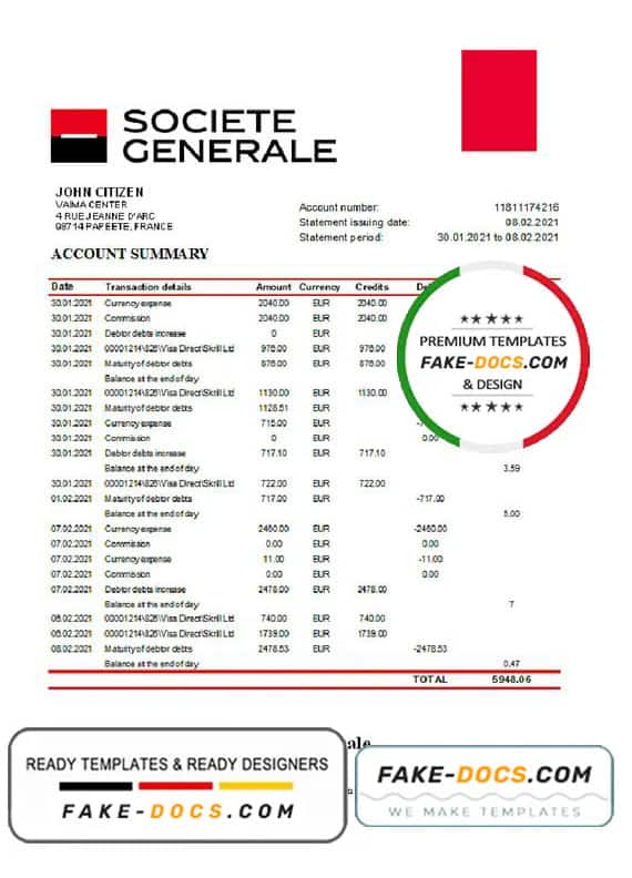 France Société Générale bank statement template in Excel and PDF format France Société Générale bank statement template in Excel and PDF format