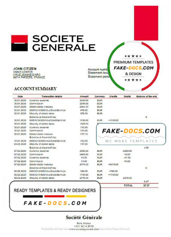 France Société Générale bank statement template in Word and PDF format France Société Générale bank statement template in Word and PDF format