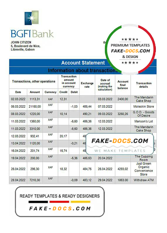 Gabon BGFI bank statement template in Word and PDF format Gabon BGFI bank statement template in Word and PDF format