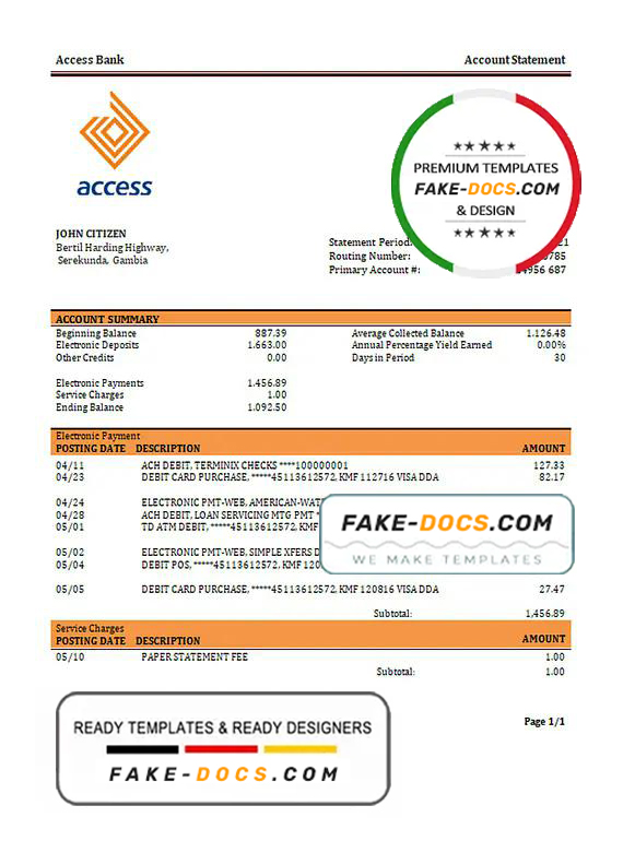 Gambia Access bank statement template in Word and PDF format Gambia Access bank statement template in Word and PDF format