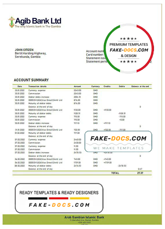 Gambia Arab Gambian Islamic bank statement template in Word and PDF format Gambia Arab Gambian Islamic bank statement template in Word and PDF format