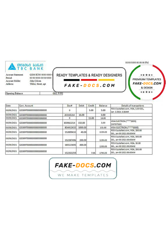 Georgia TBC Bank statement easy to fill template in Excel and PDF format Georgia TBC Bank statement easy to fill template in Excel and PDF format