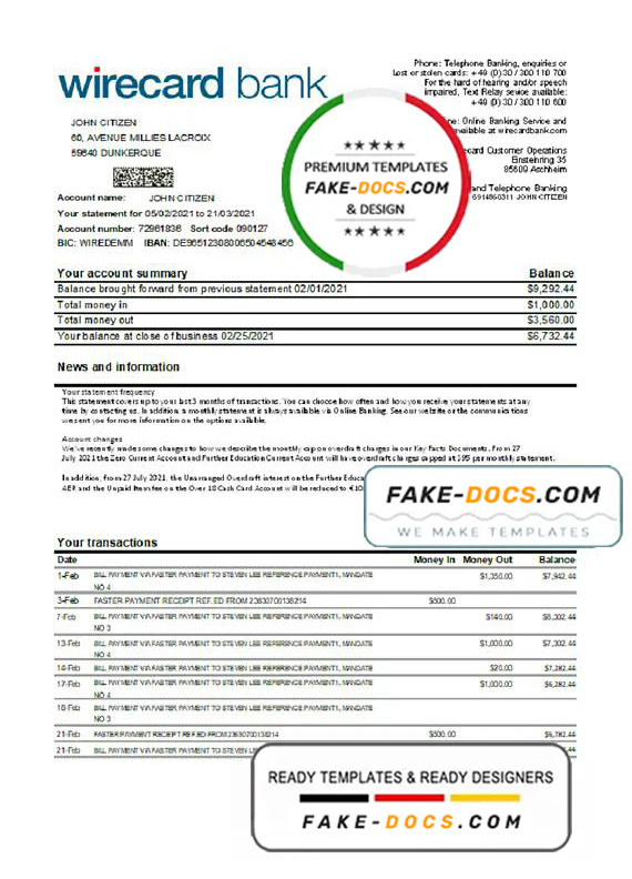 Germany Aschheim Wirecard bank statement easy to fill template in Excel and PDF format Germany Aschheim Wirecard bank statement easy to fill template in Excel and PDF format