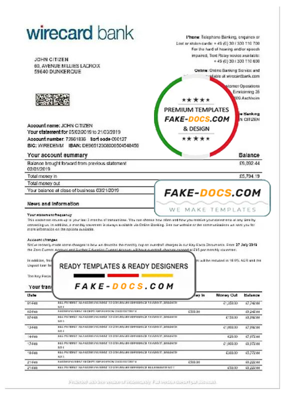 Germany Aschheim Wirecard bank statement easy to fill template in Word and PDF format Germany Aschheim Wirecard bank statement easy to fill template in Word and PDF format