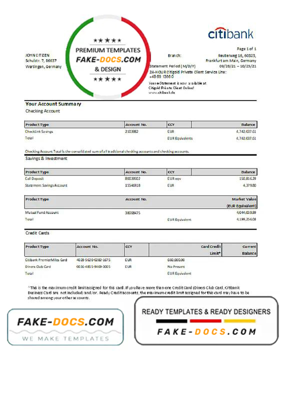 Germany Citibank bank account statement template in Excel and PDF format Germany Citibank bank account statement template in Excel and PDF format