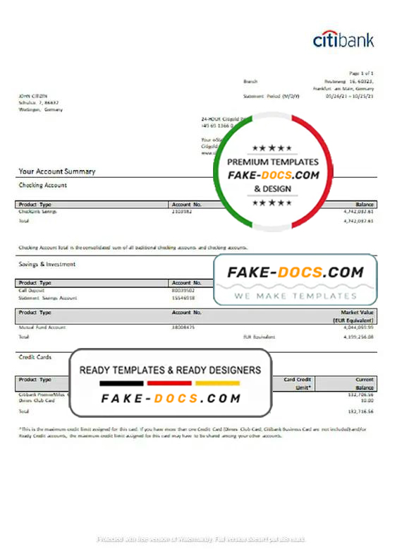 Germany Citibank bank account statement template in Word and PDF format Germany Citibank bank account statement template in Word and PDF format