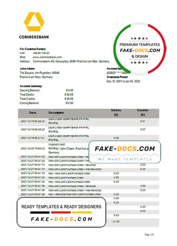 Germany Commerzbank bank statement template in Word and PDF format Germany Commerzbank bank statement template in Word and PDF format
