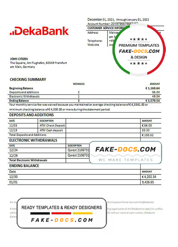 Germany Dekabank bank statement template in Word and PDF format Germany Dekabank bank statement template in Word and PDF format