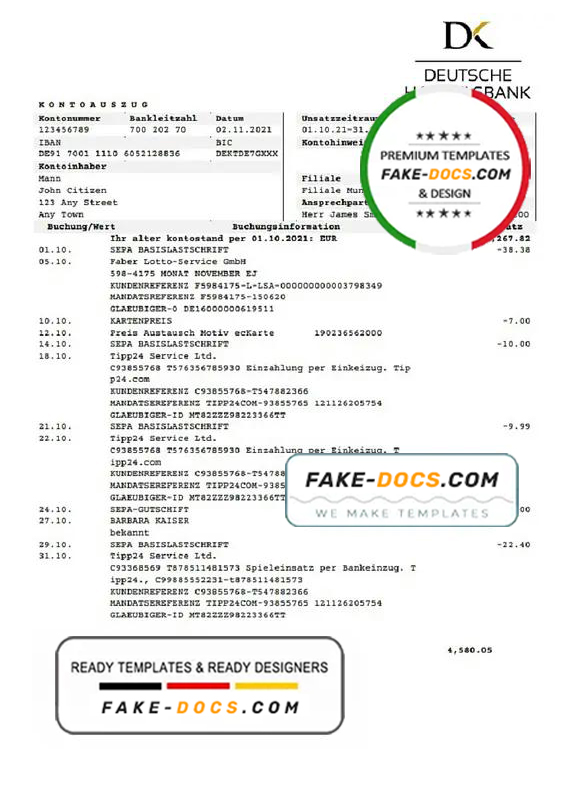 Germany Deutsche Handelsbank AG bank statement template in .doc and .pdf format Germany Deutsche Handelsbank AG bank statement template in .doc and .pdf format