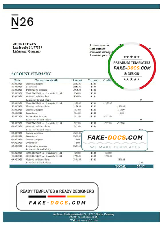 Germany N26 bank statement template in Excel and PDF format Germany N26 bank statement template in Excel and PDF format