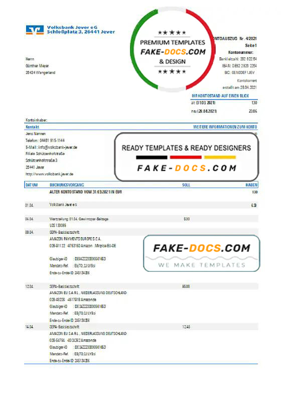 Germany Volksbank Jever statement template in Excel and PDF format Germany Volksbank Jever statement template in Excel and PDF format