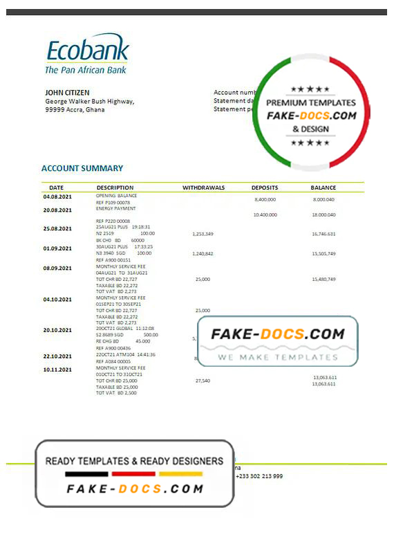 Ghana Ecobank proof of address bank statement template in Word and PDF format Ghana Ecobank proof of address bank statement template in Word and PDF format