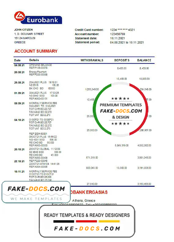 Greece Eurobank Ergasias bank statement easy to fill template in Excel and PDF format Greece Eurobank Ergasias bank statement easy to fill template in Excel and PDF format