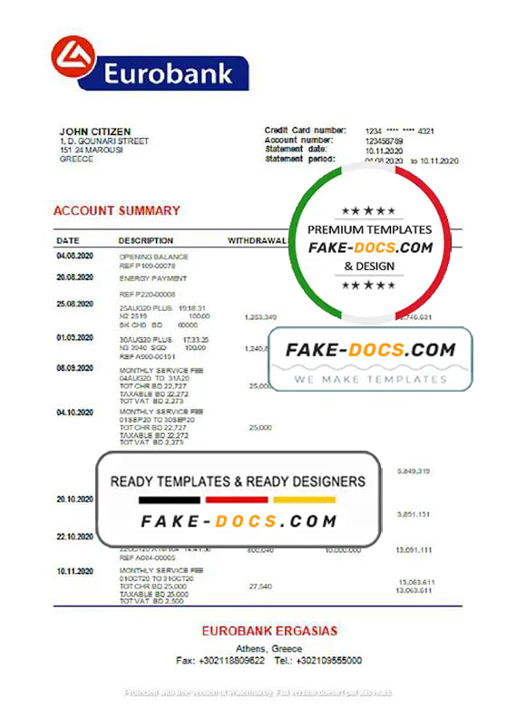 Greece Eurobank Ergasias proof of address bank statement template in Word and PDF format, .doc and .pdf format Greece Eurobank Ergasias proof of address bank statement template in Word and PDF format, .doc and .pdf format