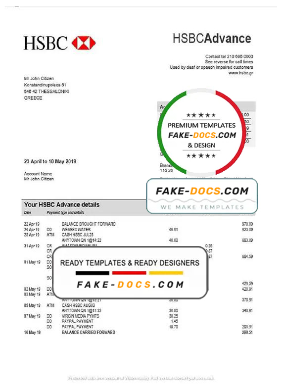 Greece HSBC bank proof of address statement template in Word and PDF format, .doc and .pdf format Greece HSBC bank proof of address statement template in Word and PDF format, .doc and .pdf format