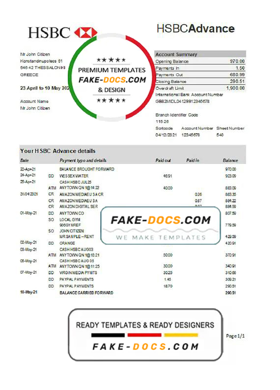 Greece HSBC bank statement easy to fill template in Excel and PDF format Greece HSBC bank statement easy to fill template in Excel and PDF format