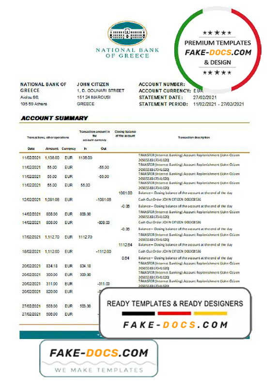 Greece National Bank of Greece bank statement template in .xls and .pdf file format Greece National Bank of Greece bank statement template in .xls and .pdf file format